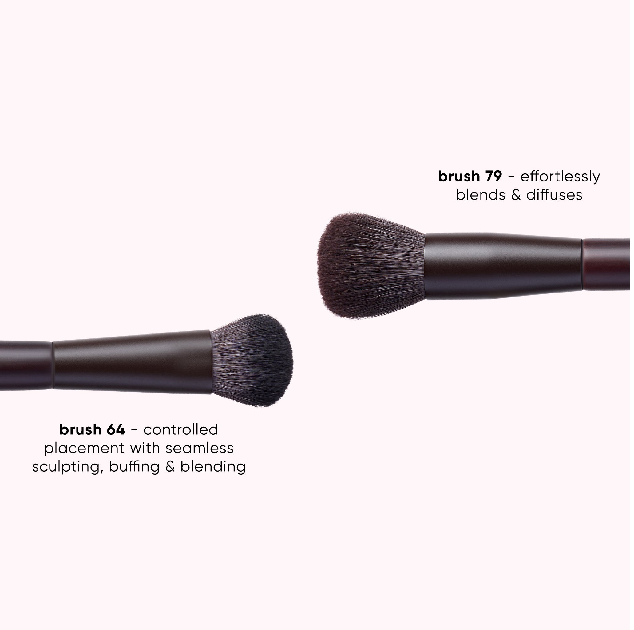 Three makeup brushes on a pale pink background with descriptive text labels: brush 64 for controlled placement, brush 79 for blending and diffusing, and a third brush partially visible on the right.