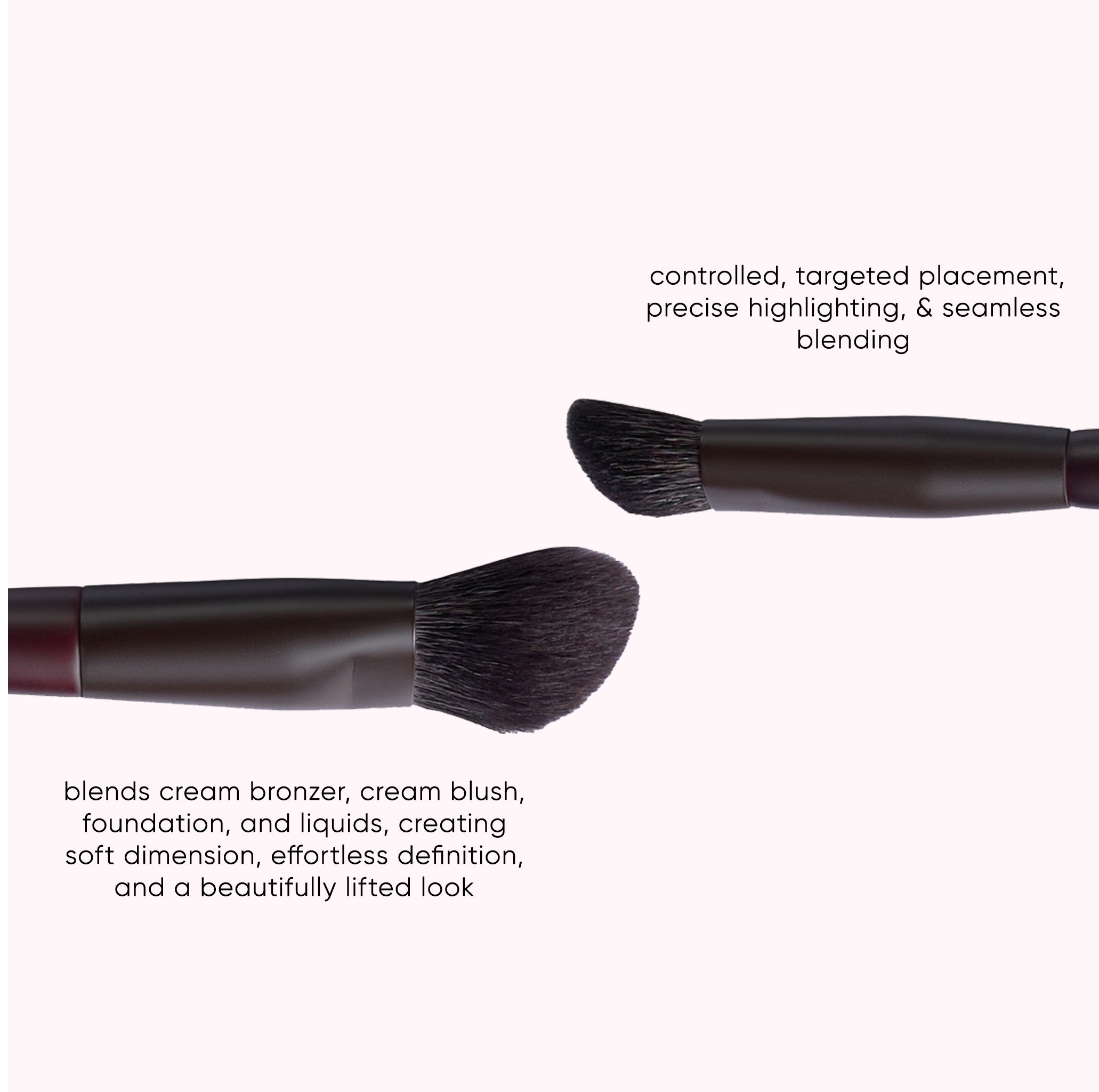 Two makeup brushes on a pale pink background with descriptive text. One brush has a dark bristle head and angled tip, and the other has dense dark bristles and a rounded tip.