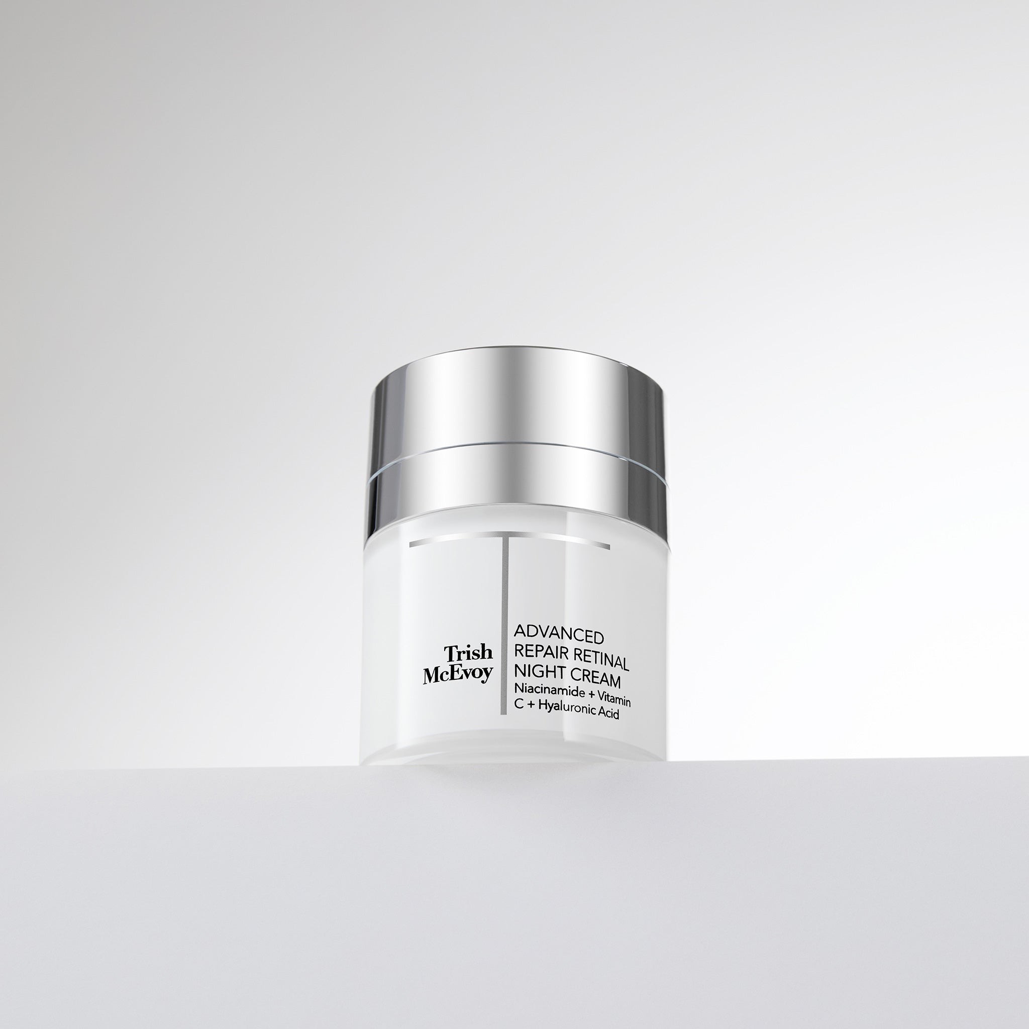 Trish McEvoy Advanced Repair Retinol Night Cream jar on a light gray background