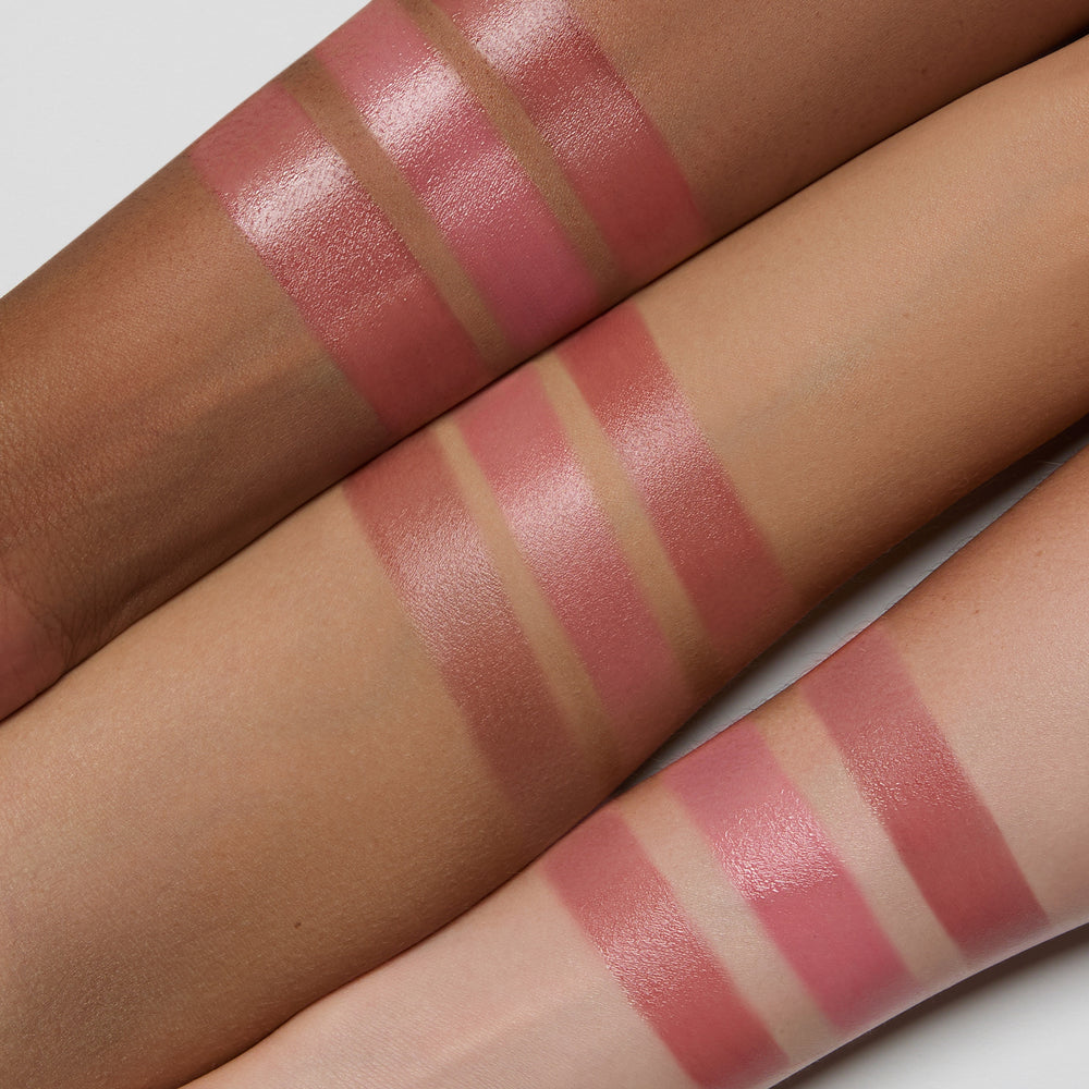 blush swatches on three different skin tones