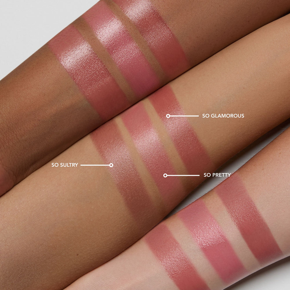 Swatches on arms with labels 'So Glamorous', 'So Sultry', and 'So Pretty'.