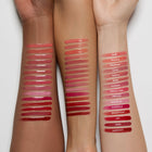 Lipstick swatches on three different skin tones with names below each swatch.