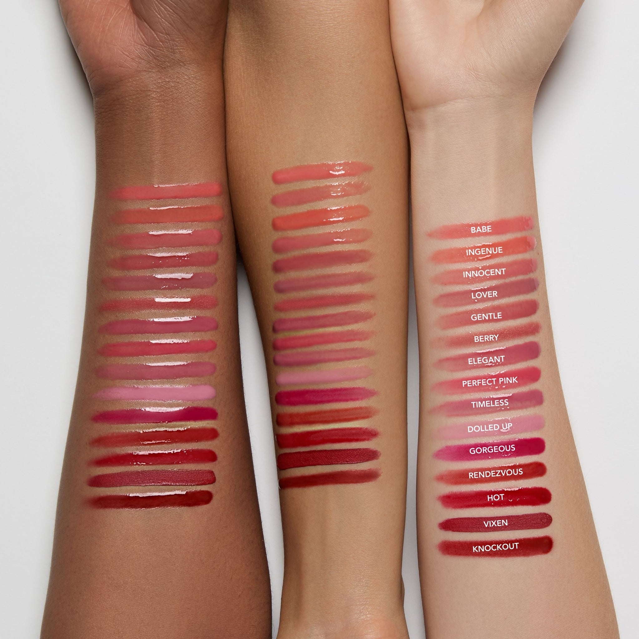 Lipstick swatches on three different skin tones with names underneath.