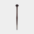 Makeup Mini Fan brush with brown handle and black bristles on a white background