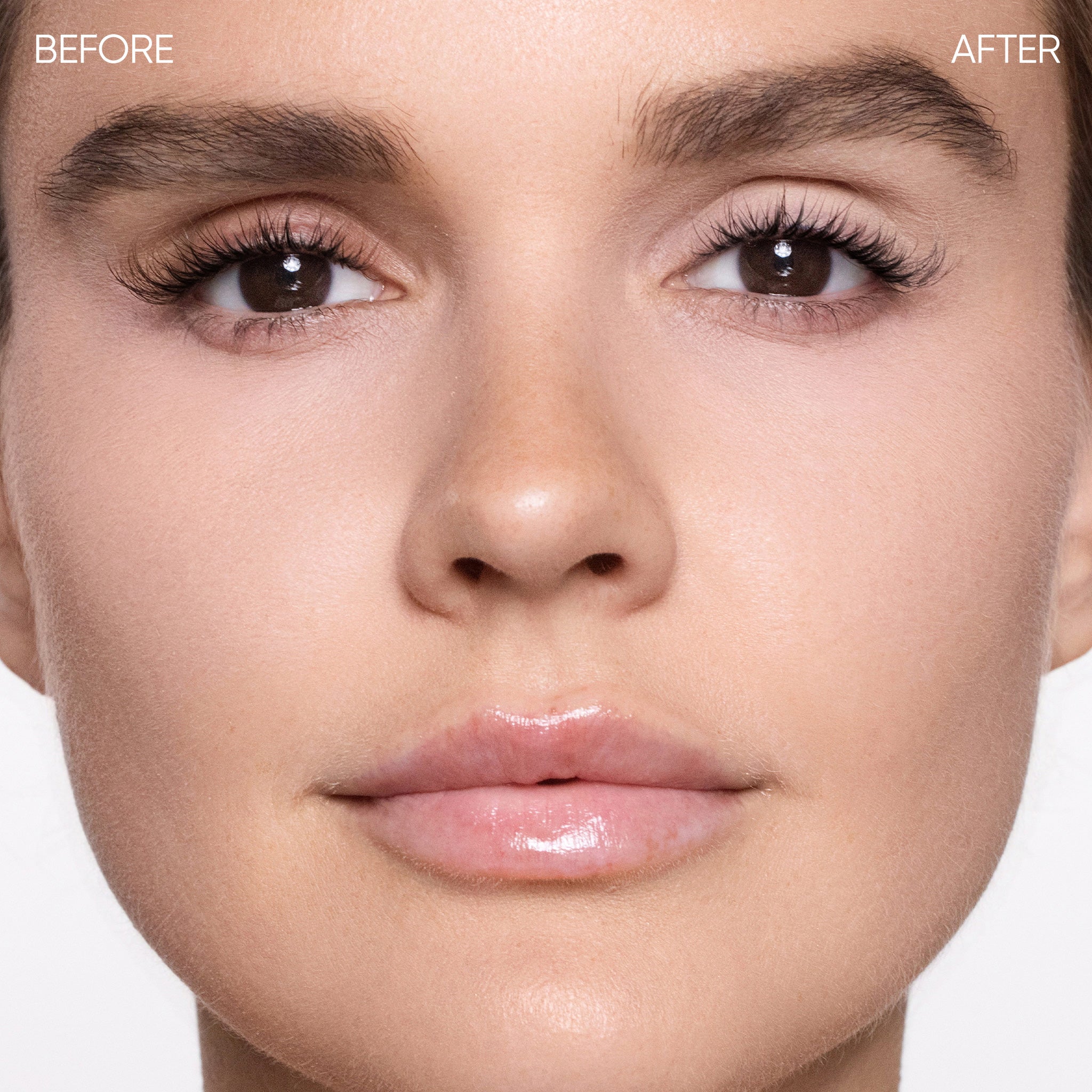 Before and after comparison of a woman's face with makeup application.