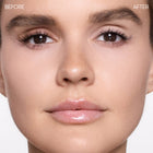 Before and after comparison of a woman's face with makeup application.