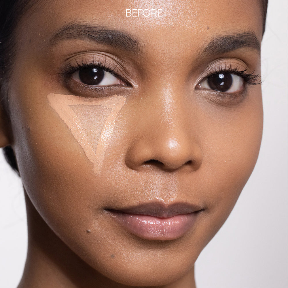 Before and after makeup application on a person's face with a neutral background.