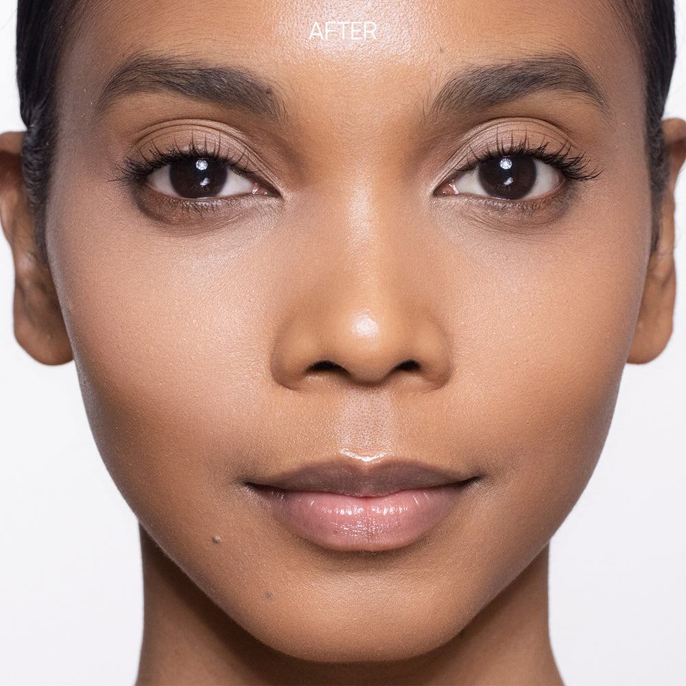 Close-up of a woman's face with 'AFTER' text, showing makeup product application.
