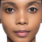 Before and after comparison of a woman's face with makeup application.