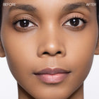 Before and after comparison of a woman's face with makeup application.