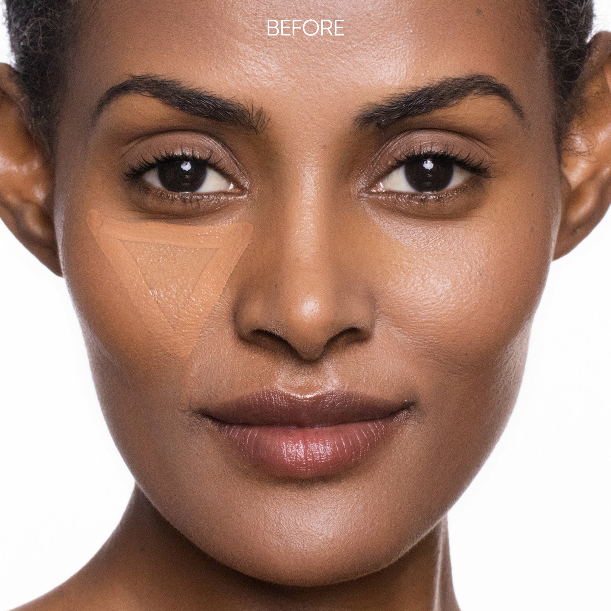 Close-up of a woman's face with 'Before' text on a white background