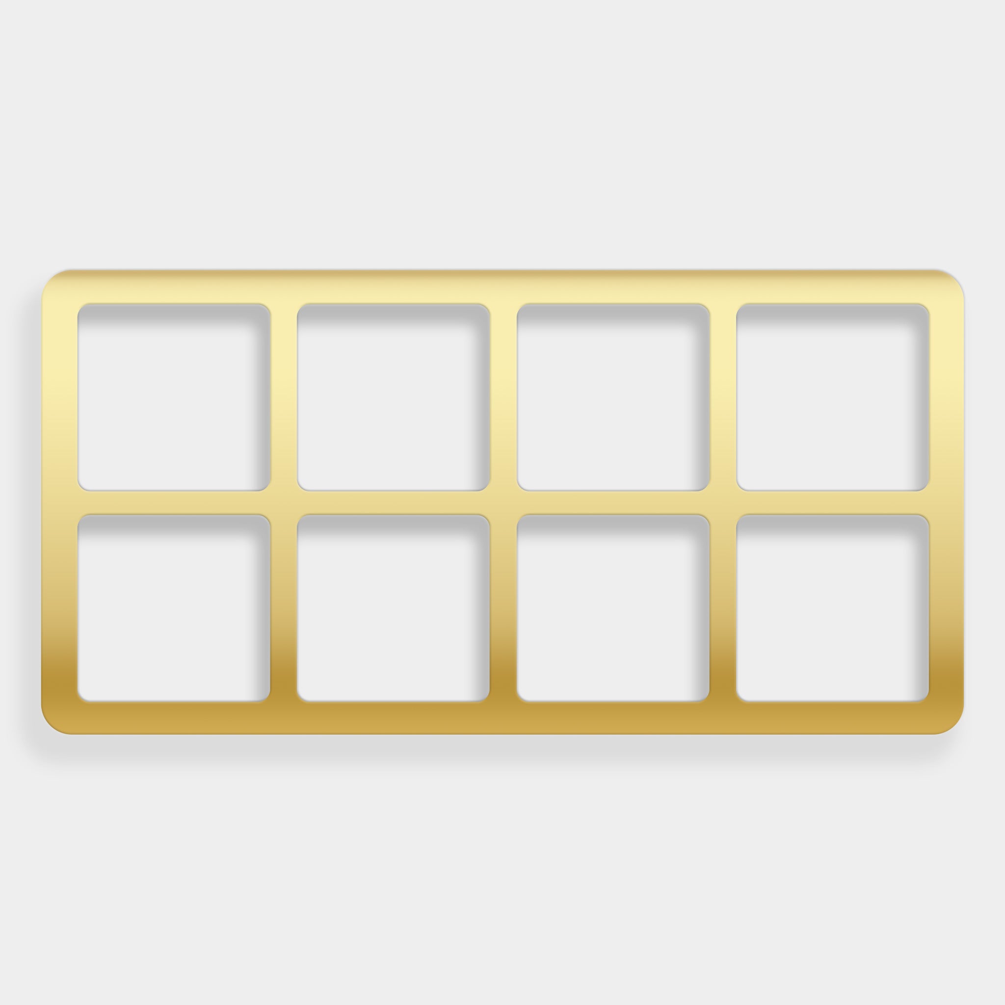 Gold rectangular insert with six square compartments on a white background
