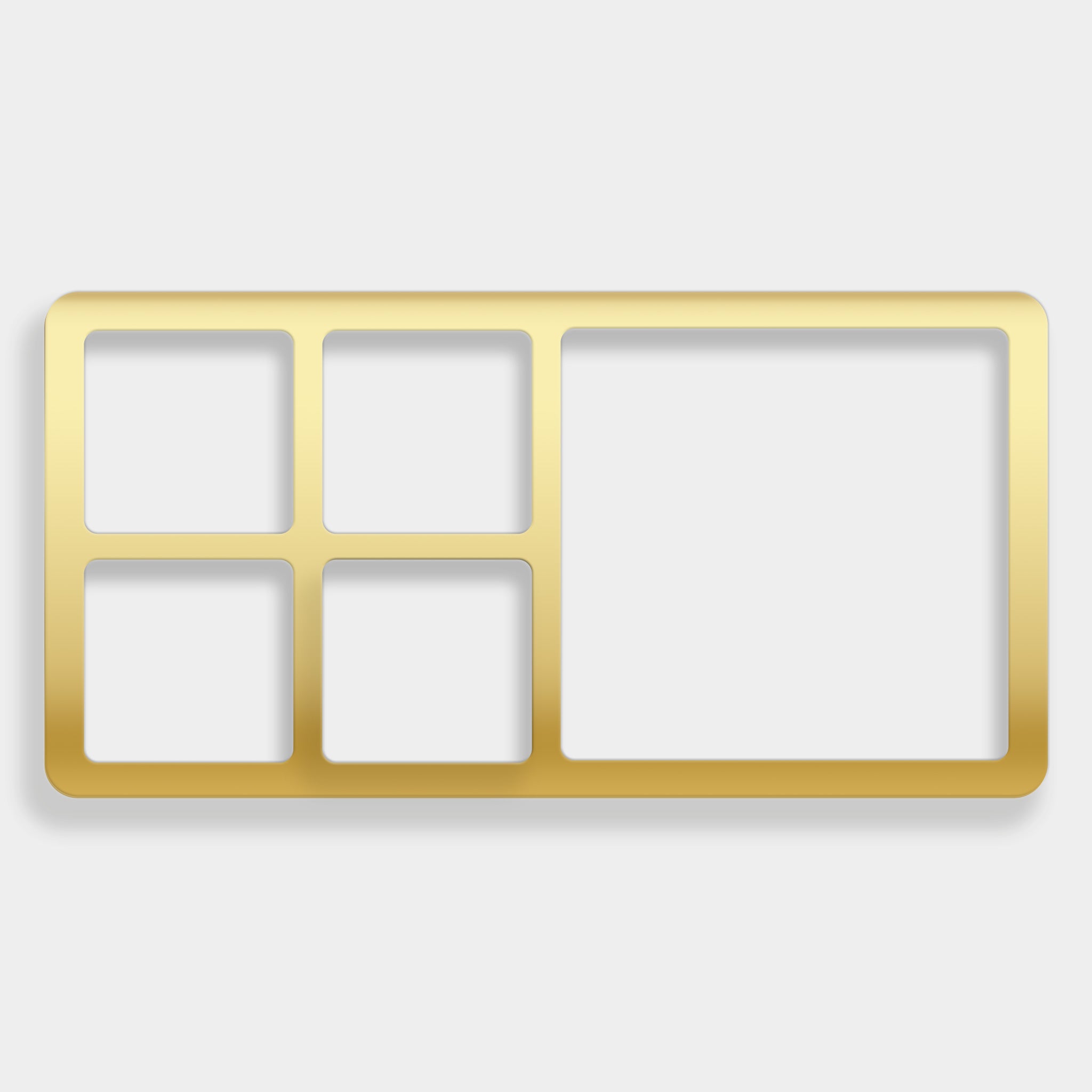 Gold insert with five square cutouts on a white background