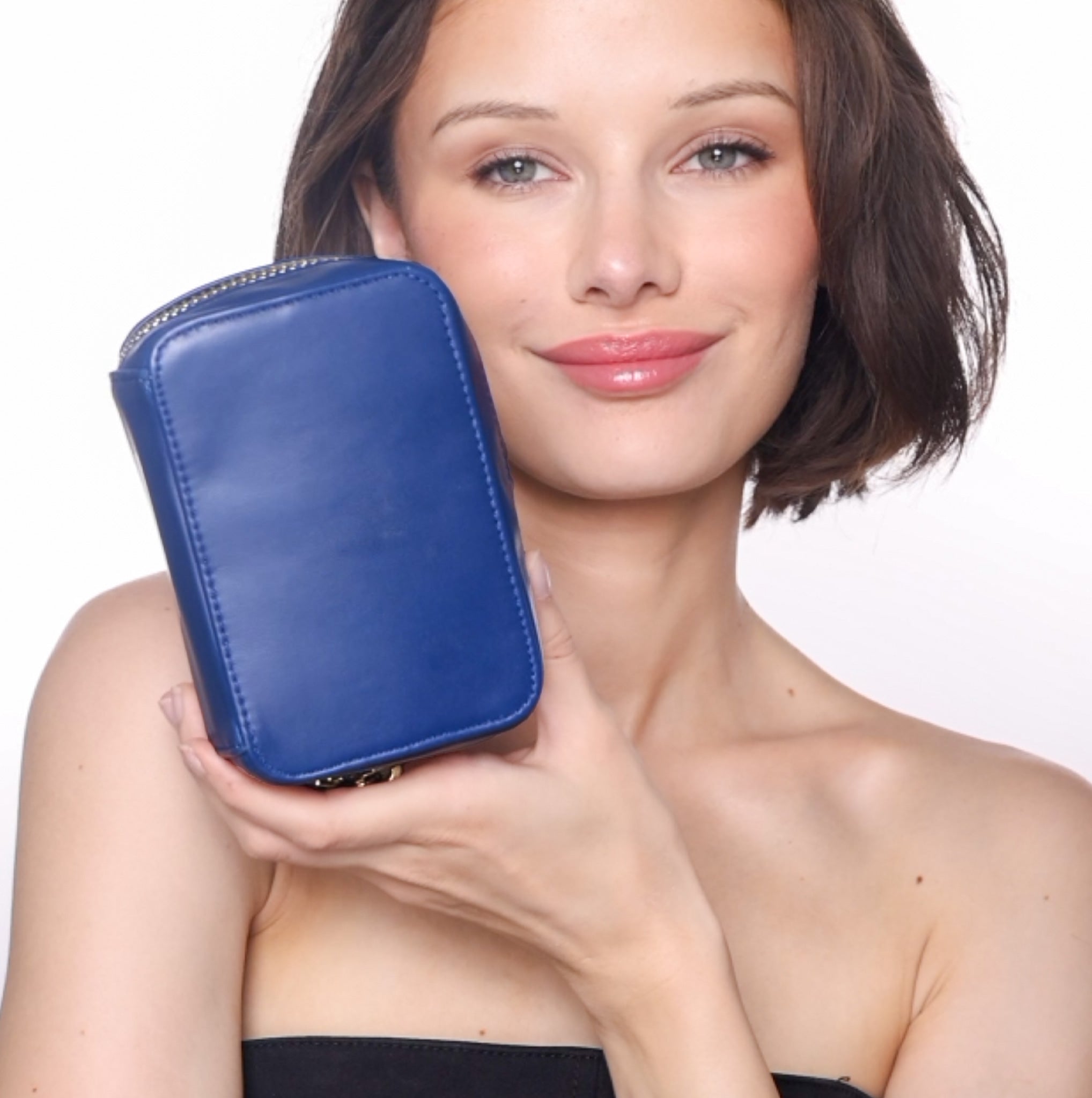 micro blue makeup wardrobe closed with model